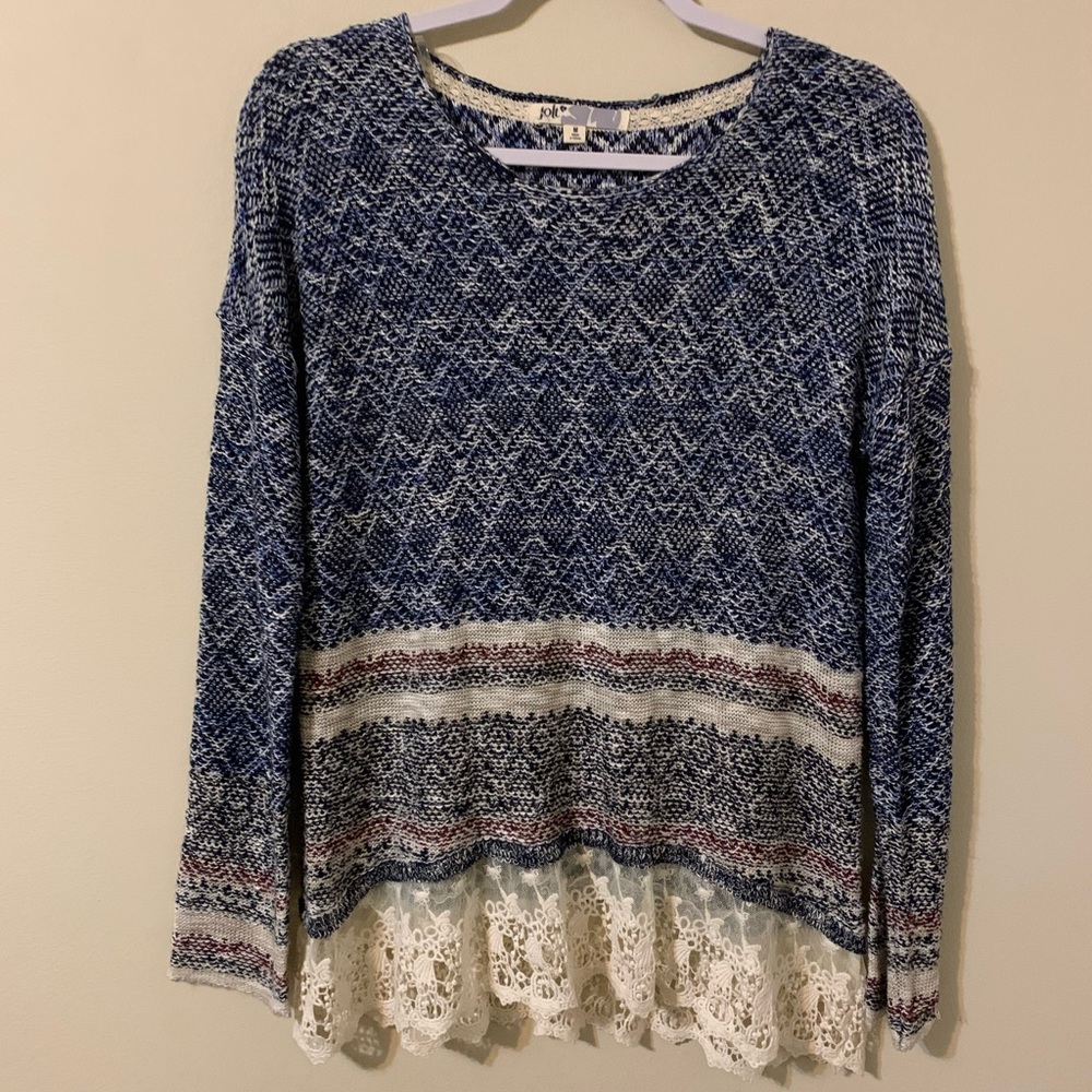 JOLT Lightweight Sweater with attached lace hem, Size Medium